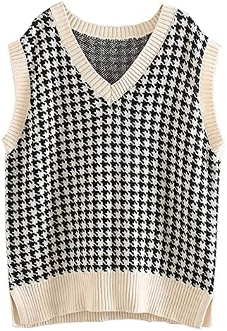 Zefotim Mulheres Houndstooth padrão de malha com colete sem mangas com decote em V 90s Coloque Voltar de Coloque Y2K Cami Sweater Colet