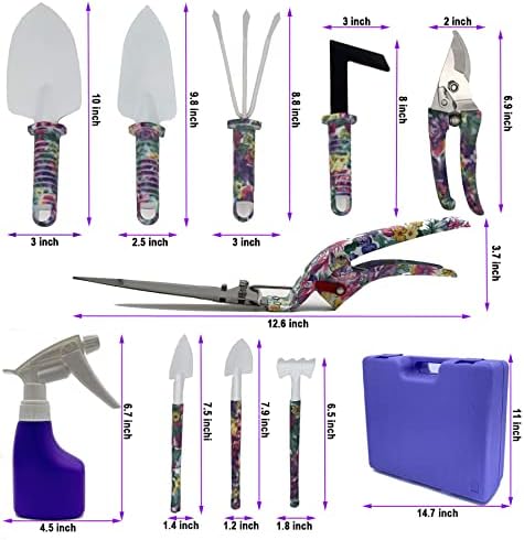 Conjunto de ferramentas de jardim, Awowz 13 peças Ferramentas de jardinagem com estampa floral roxa, ferramentas de alça ergonômica não deslizantes, com jardinagem de caixa para mulheres para mulheres