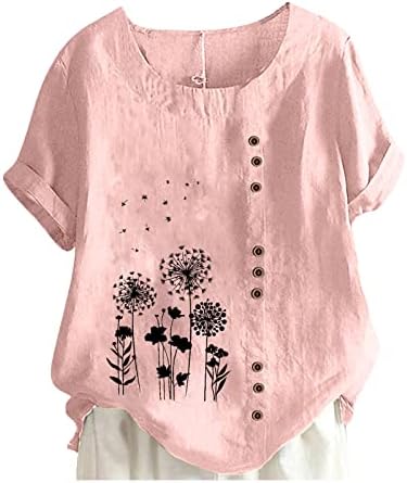 Plus size algodão tshirts tshirts feminino casual manga curta impressão floral botão túnica camiseta solta blusa de