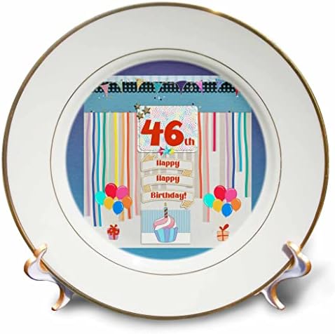 Imagem 3drose de 46ª etiqueta de aniversário, cupcake, vela, balões, presente, streamers - placas