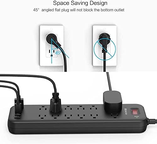 Barra de potência com cabo de extensão de 6 pés, hit Rrends Surge Protector Power Strip com 12 pontos de venda e 4 portas USB