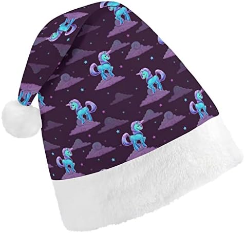 Little Cartoon Blue Unicorn Plexh Christmas Hat de Hats de Papai Noel e Belos chapéus com borda de pelúcia e decoração de natal de conforto