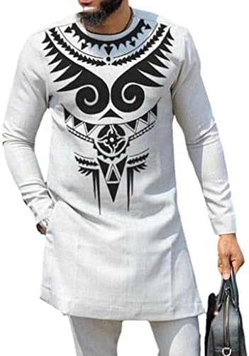 XSion Africano masculino de 2 peças de manga longa roupa de traje de traje de traje de traje étnico tradicional e calça