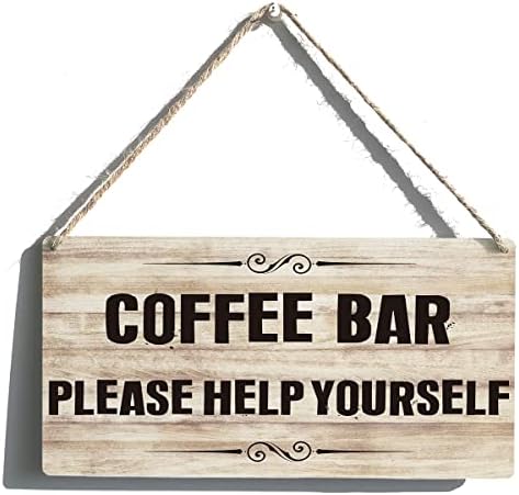 Cafeteira de café engraçada Sinais de presente Farmhouse Coffee Bar Ajude -se a madeira pendurada sinal de parede rústica Arte da casa Decoração de cozinha 12 x 6 polegadas