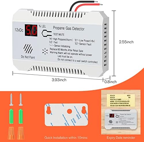 Detector de gás propano do Welluck RV com alarme alto, Substituição de seguro de alarme de propano LP para motorco de trailer de campista, 12V, 85dB, digital, branco