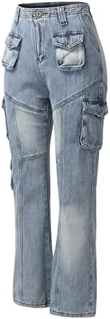 Calças de fundo de Miashui Jean Bell For Women High Womens Pockets Jeans Calça de calça casual Rua de cintura alta solta feminina