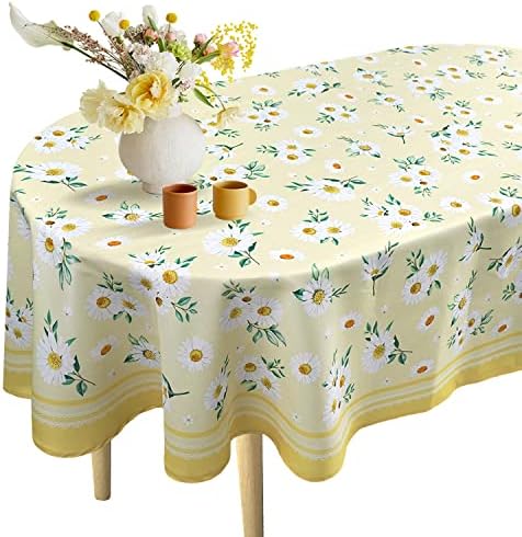Toleta de mesa oval floral de margarida 60 x 84, cobertura de mesa de toalha de mesa de primavera branca amarela, toalhas de mesa de campo elegantes para festas, mesa de jantar de cozinha, toalha de flores de tecido de poliéster, decoração de margarida, decoração