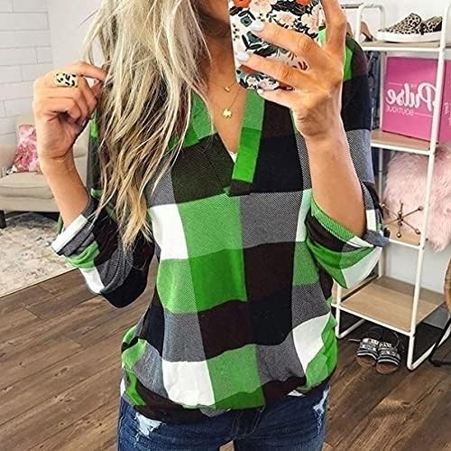 ANDONGNYWELKWELL Feminino Casual Casual Viazas V Camises Plaid Camisetas Longas Túnicas Top Túnicas Túnicas