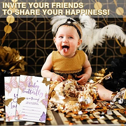Convite para festas de chá de bebê, convites roxos de chá de bebê de ouro roxo para meninas, pequenos convites de preenchimento
