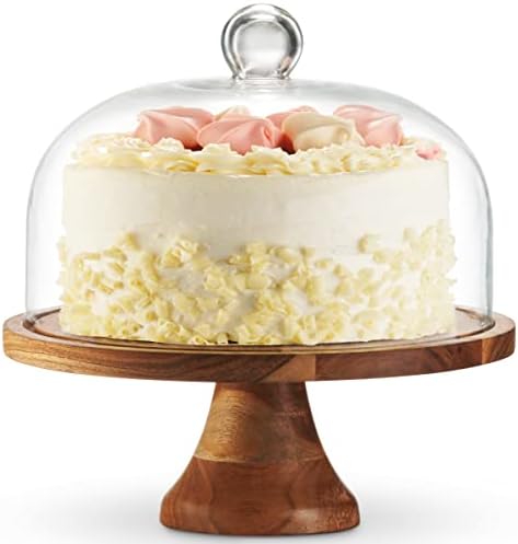 Bolo de Godinger Stand com cúpula, 2in1 Bolo de madeira que serve bandeja com cúpula de vidro, tábua de queijo, Decoração de