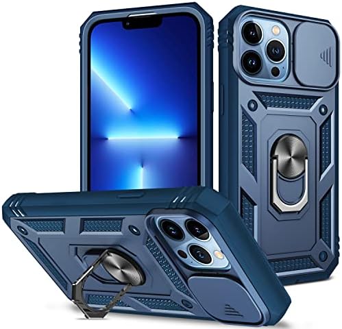 Andwing para iPhone 13 Pro Max Case com capa de câmera deslizante e kickstand [Proteção de gota de grau militar] [suporte de anel de giro de 360 ​​° embutido] Caixa de telefone protetora à prova de choque para iPhone 13 Pro Max Blue