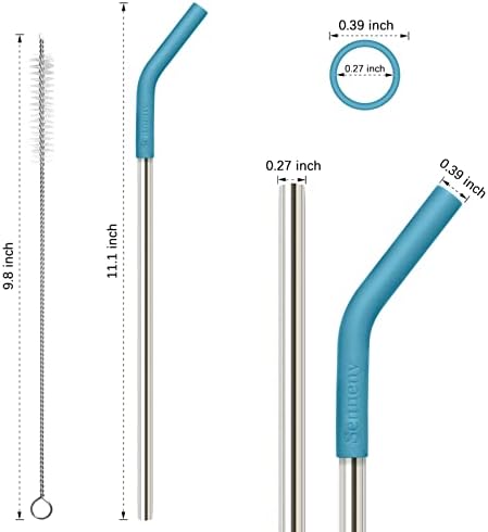 Conjunto de Senneny de 5 canudos de aço inoxidável com tampa de cotovelos de pontas de silicone Flex Dicas, 2 escovas de limpeza e 1 bolsa portátil incluída - 8mm de diâmetro