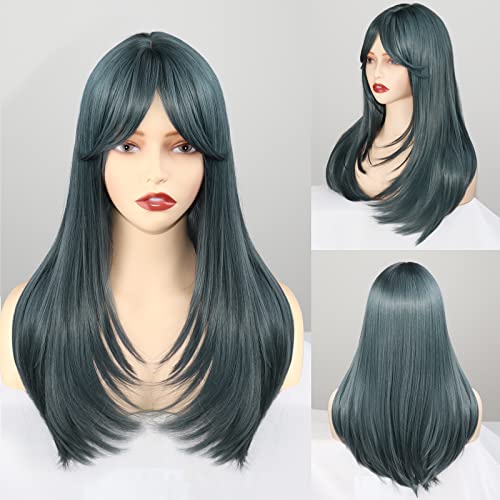 Yarhngor Wig cinza azul escuro com franja, perucas da Borgonha para mulheres, peruca azul cinza do meio, cabelos longos