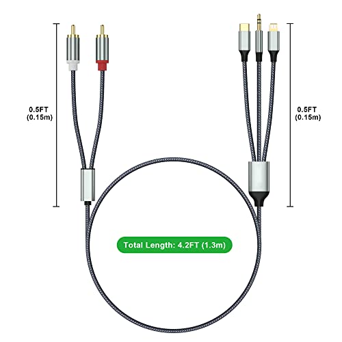 Lightning to RCA Cable Audio AUX Adaptador, RCA a Cabo de 3,5 mm ， USB C a 2 RCA Audio Cable ， para amplificador de energia, carro,