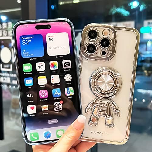Cooweek astronauta capa para iPhone 14 Pro Max, Luxury Clear Clete Case com suporte de anel de suporte oculto, roxo, 6,7 polegadas