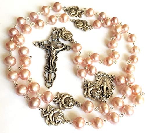 Elegantmedical Catholic AAA 8-9mm Pearls Real Pearls Silver Rose Contas Rosário Colar Colar