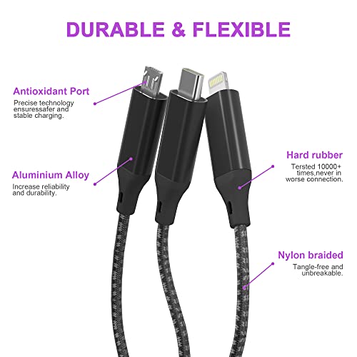 Cabo de carregador de longa USB, 3m/10ft 6a PD Cordão trançado de nylon rápido, Universal 3 em 1 portas múltiplas portas USB