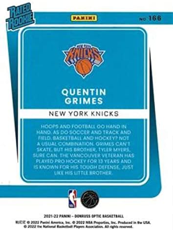 2021-22 Donruss Optic 166 Quentin Grimes classificou os novatos RC Rookie New York Knicks NBA Basketball Trading Card