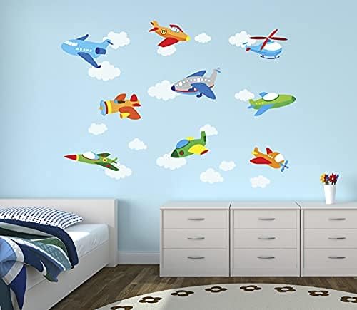 Decalque de parede de decalques em nuvem de avião decalque - aviões e nuvens decalques de parede - berçário infantil garoto decoração de decoração de arte mural adesivo