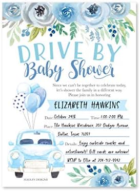 25 Drive floral azul por convites do chá de bebê, uso para os casais revelam festas ou picadas de carros, garoto de flores