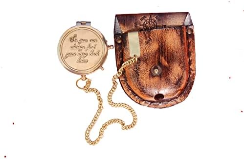 Bazross Brass Náutico Compass com caixa e corrente de couro - Push Open steampunk Acessório, presente exclusivo para homens - Belo relógio de sol à mão