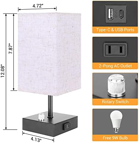 Conjunto de 2 luminária de mesa completa diminuída para o quarto - candeeiro de mesa de cabeceira com portas USB C+A portas