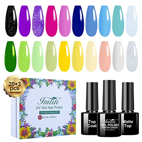 Imtiti 23 PCS Kit de esmalte em gel, o esmalte de gel de glitter rosa -rosa de rosa roxo amarelo azul -neon pastel.