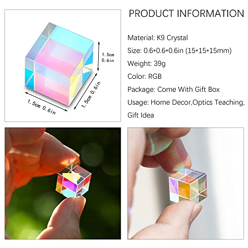 Cubo de prisma de vidro de cristal de mini k9, vidro óptico rgb dispersion prism x-cubo para física ensinando decoração