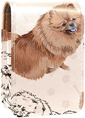 Porta -batom de batom de batom de cachorro pomeraniano com espelho, bolsa de brilho labial portátil, kit de armazenamento cosmético