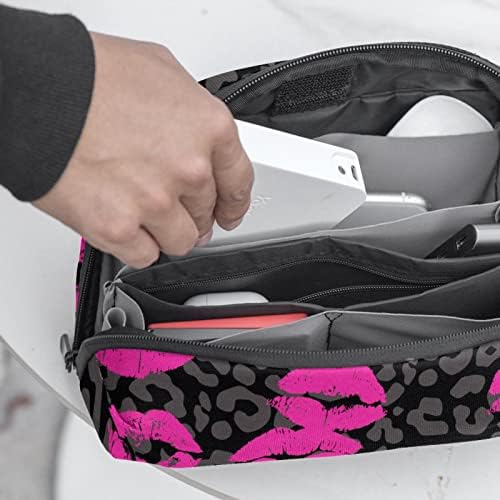 Saco de maquiagem de grão de leopardo padrão de lábios rosa para bolsa de organizador de viagens portáteis para bolsa de