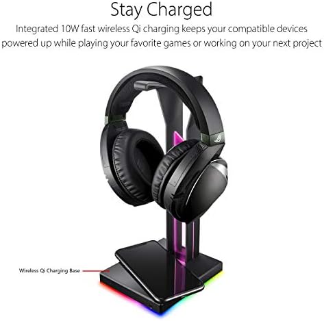 ASUS ROG TRONE QI GAME STANTEL - carregamento sem fio | 2 portas USB e entrada auxiliar | Design de arco para armazenamento estável e seguro | DAC e amplificador embutidos para áudio imersivo | Aura Sync RGB Iluminação