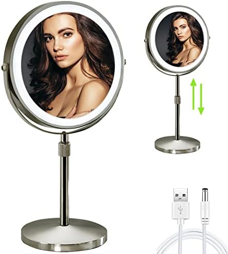 Espelho de maquiagem iluminado de 8 com ampliação, altura ajustável, espelho de ampliação de 1x/10x com 3 luzes coloridas, espelho