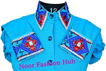 Noor Fashion Hub Western Blue Custom Show Camisetas com detalhes em pedra da frente e traseira e zíper escondido YKK