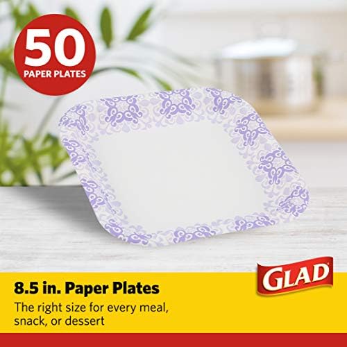 Boas placas de papel descartáveis ​​quadradas para todas as ocasiões | Mergulhe a prova, a prova de corte, as placas descartáveis ​​para o microondas para o microondas | 8,5 de diâmetro, 50 pratos de papel a granel, roxo