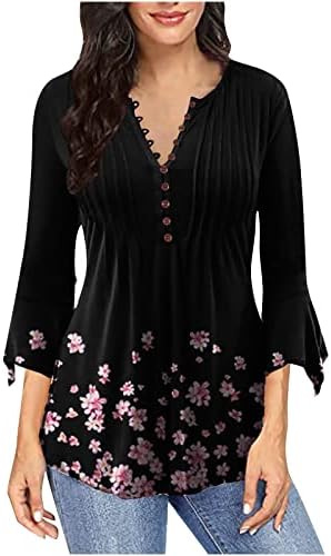 Tops femininos estampados florais 3/4 manga Henley Crewneck Camise