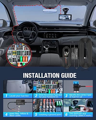 Kit de hardwire came de ombar dash, 11,5 pés micro USB Kit de fio duro fusível para travessa de painel, 12V-24V a 5V Carra de câmera do carro de carro, proteção de carregador, proteção de baixa tensão, modo de estacionamento para DC21, DC42