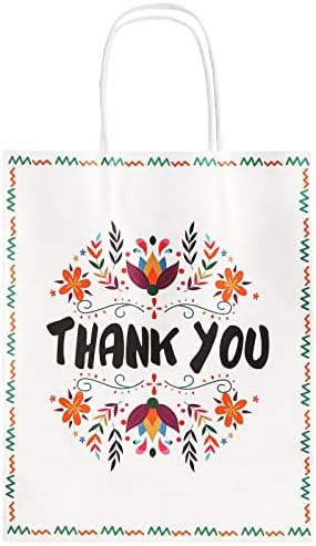 Bekith 50 pacote de agradecimento sacos de presente 8 x 4 x 10 tamanho médio, design floral agradecimento sacos de papel com alças, sacos de festa de casamento, sacolas de mercadorias de varejo, sacolas de compras em papel