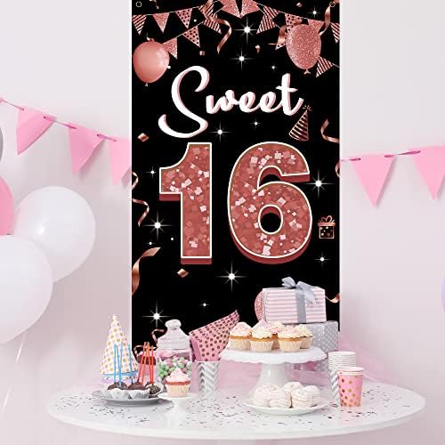 Banner de porta de aniversário de 16 anos, decorações doces de 16 anos para meninas, doces decorações de dezesseis festas, material
