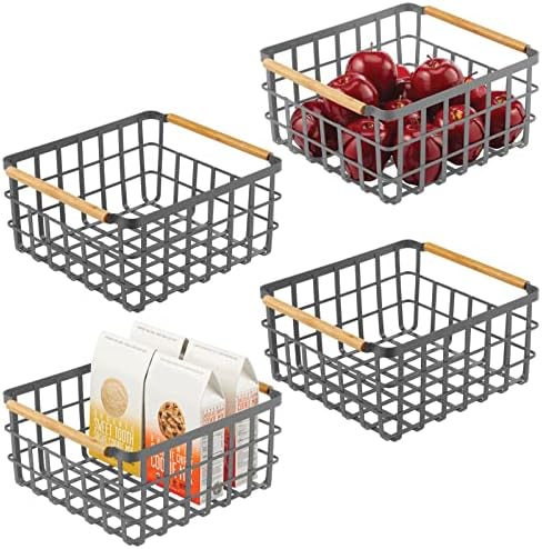 Mdesign Metal Wire Storage Organizer Basket com alças de madeira de bambu para despensa de cozinha, lixeira rústica para armazenar frutas, café, especiarias, suprimentos, coleção Yami, 4 pacote, cinza escuro/natural/bronzeado