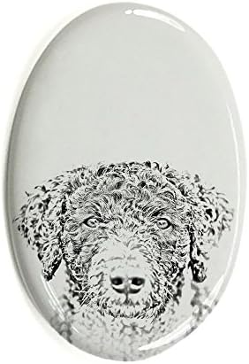 Cão de água espanhol, lápide oval de azulejo de cerâmica com a imagem de um cachorro