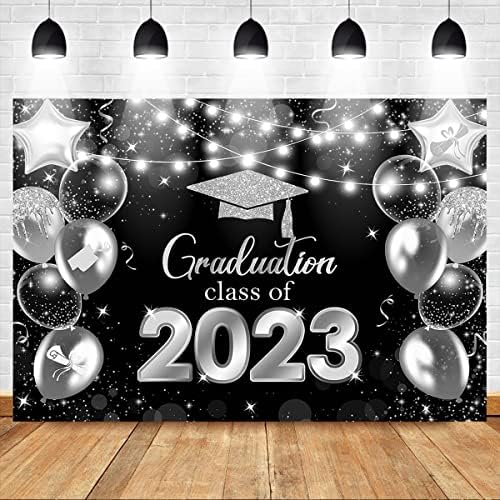 Mocsicka Classe de 2023 cenário preto e sliver Glitter Decorações de festas de pós -graduação classe de fundo de 2023 balões