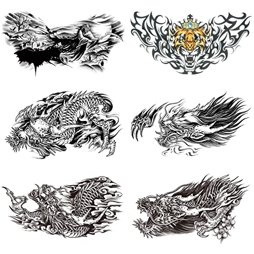 Tatuagem temporária do dragão thapor para homens, 6 mochilos grandes adesivos realistas de tatuagens no peito, tigre horizontal de