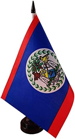 Blaneta de mesa de Belize 8 '' x 5 '' - Conjunto de bandeira de Belize, bandeira de mesa de Belize, bandeira de escritório de Belize, decoração de mesa de mesa, palito de plástico preto e base - Belize Flag Color Vivid and Fade Resistente