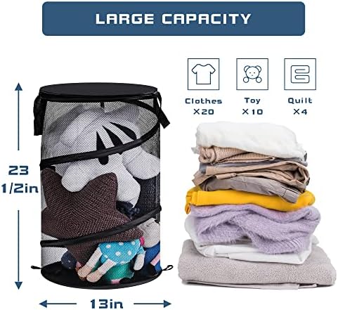 Mesh Lavanderia dobrável com tampa, balde de armazenamento de roupas grandes com alças, cesta de armazenamento de roupas sujas para o quarto das crianças, dormitório da faculdade ou viagem