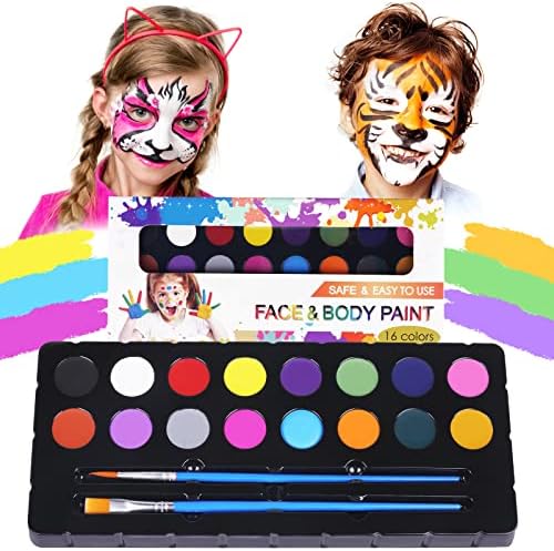 Kit de pintura facial Aoowu para crianças, 16 cores Paleta profissional de pintura corporal profissional com 2 pincéis, conjunto