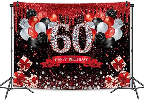 Binqoo 7x5ft Glitter vermelho 60º aniversário Red Black Glitter Happy Senhora de sessenta anos Backgrodic Backget Borning Diamond
