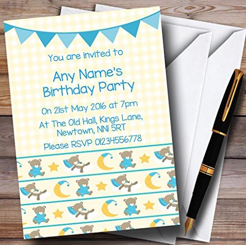 O card zoo urso sonolento urso azul e amarelo crianças infantis convites personalizados