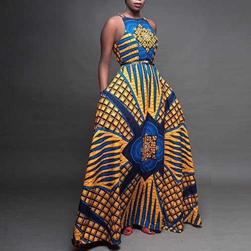 Vestido étnico africano dashiki para mulheres sem mangas pescoço redondo vestidos longos boêmios vestido de festa plissado