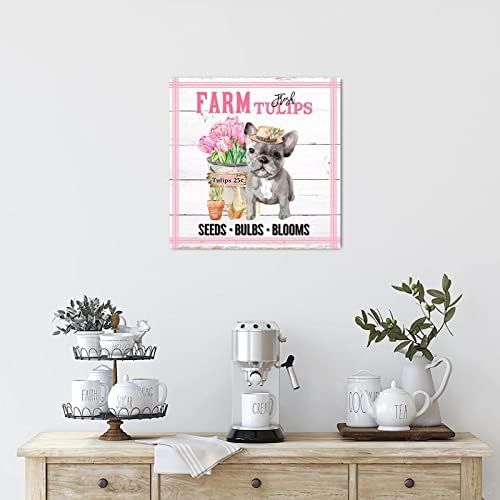 Sinais de madeira fazenda Fazenda Flor Flor Market Art Sign Pink Tulips King Charles Spaniel Dog Decorativo Arte da