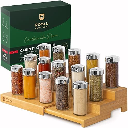 Royal Craft Wood Bamboo Spice Organizer para gabinete - Organizador de rack de especiarias em camadas para gabinete ou bancada, prateleira de etapa de despensa